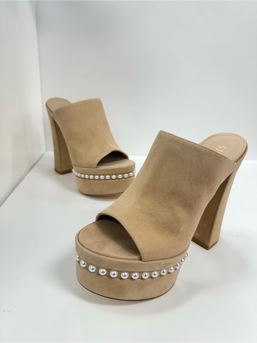 Stuart Weitzman Skyhigh Pearly Platform Sandal in Adobe/Suede